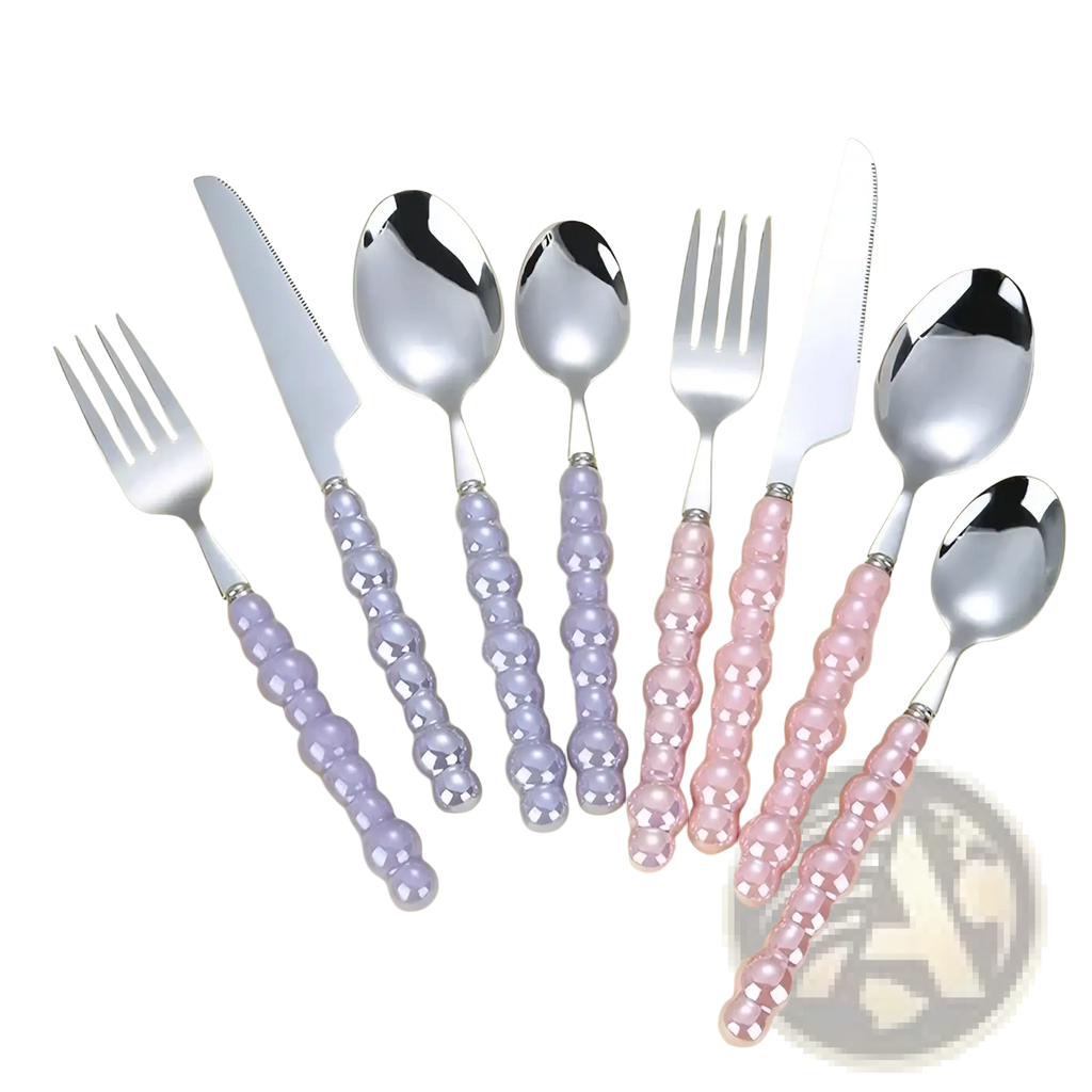 Pearl handle stainless steel flatware set with pearl-like beaded handles in lavender and pink hues