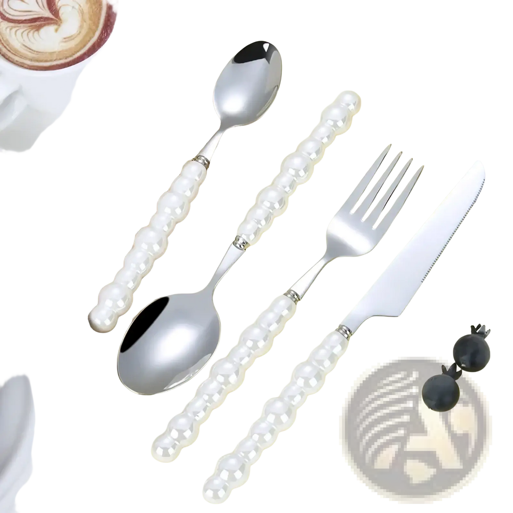 Elegant pearl handle stainless steel flatware set with spoon fork and knife on yellow surface