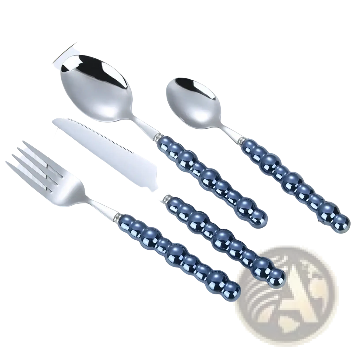 Pearl handle stainless steel flatware set with elegant silver toned cutlery and navy blue beaded handles