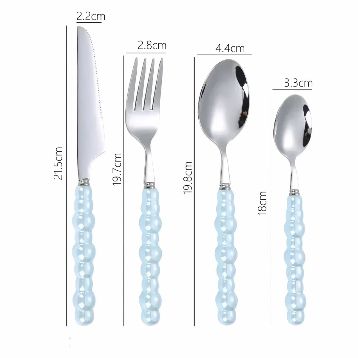 Set of four stainless steel flatware pieces with light blue pearl beaded handles for elegant dining use