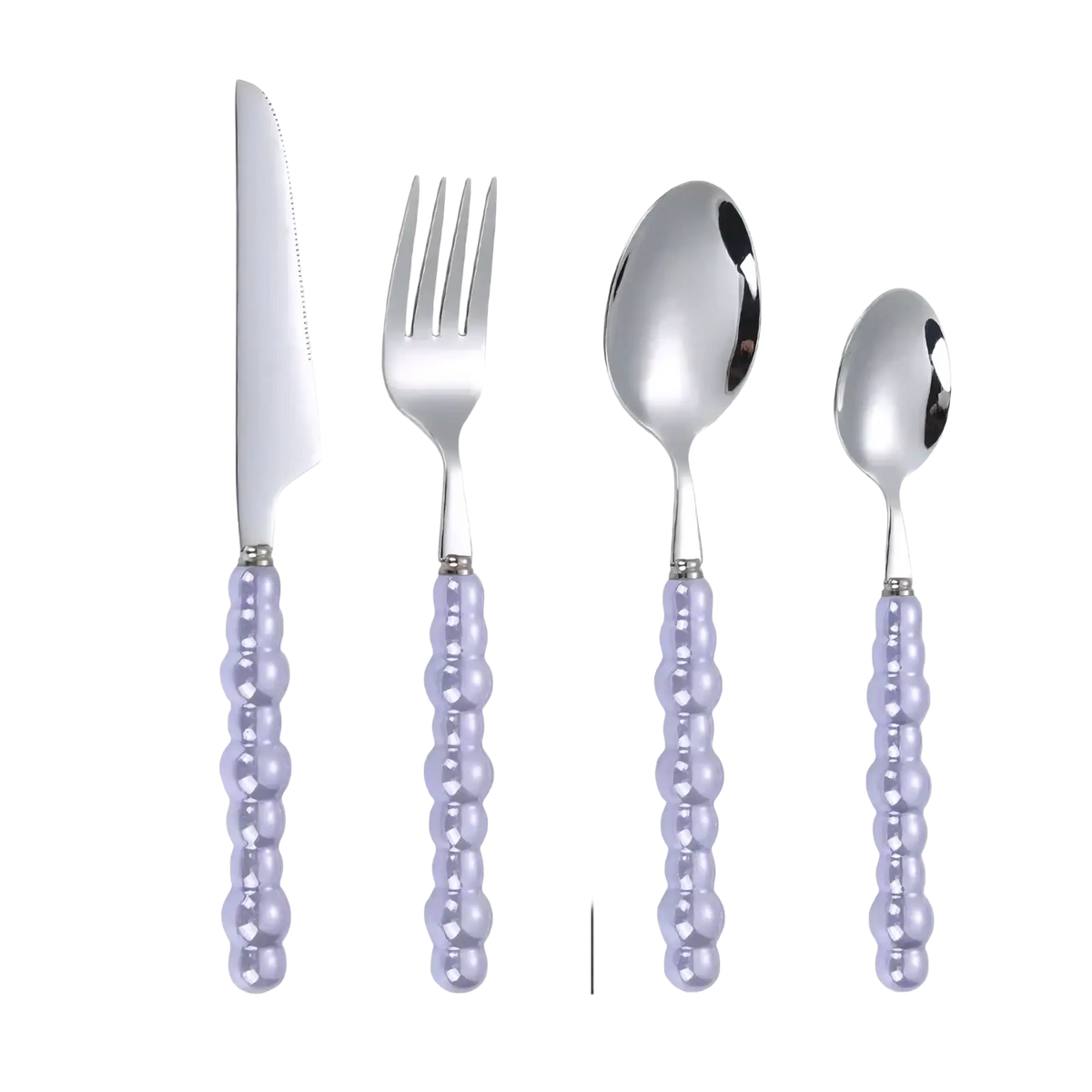 Set of four stainless steel flatware pieces with pearl lavender handles and polished silver-toned heads