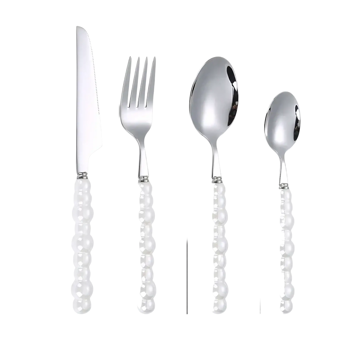 Set of four silver-toned stainless steel flatware pieces with pearl-like white beaded handles for elegant dining