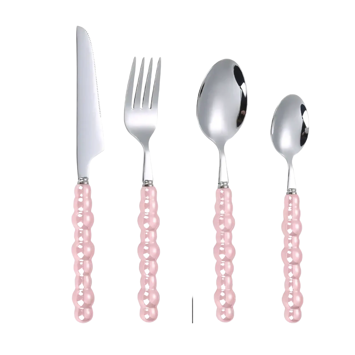 Set of four pearl handle stainless steel flatware pieces with pink beaded handles and shiny silver metal heads