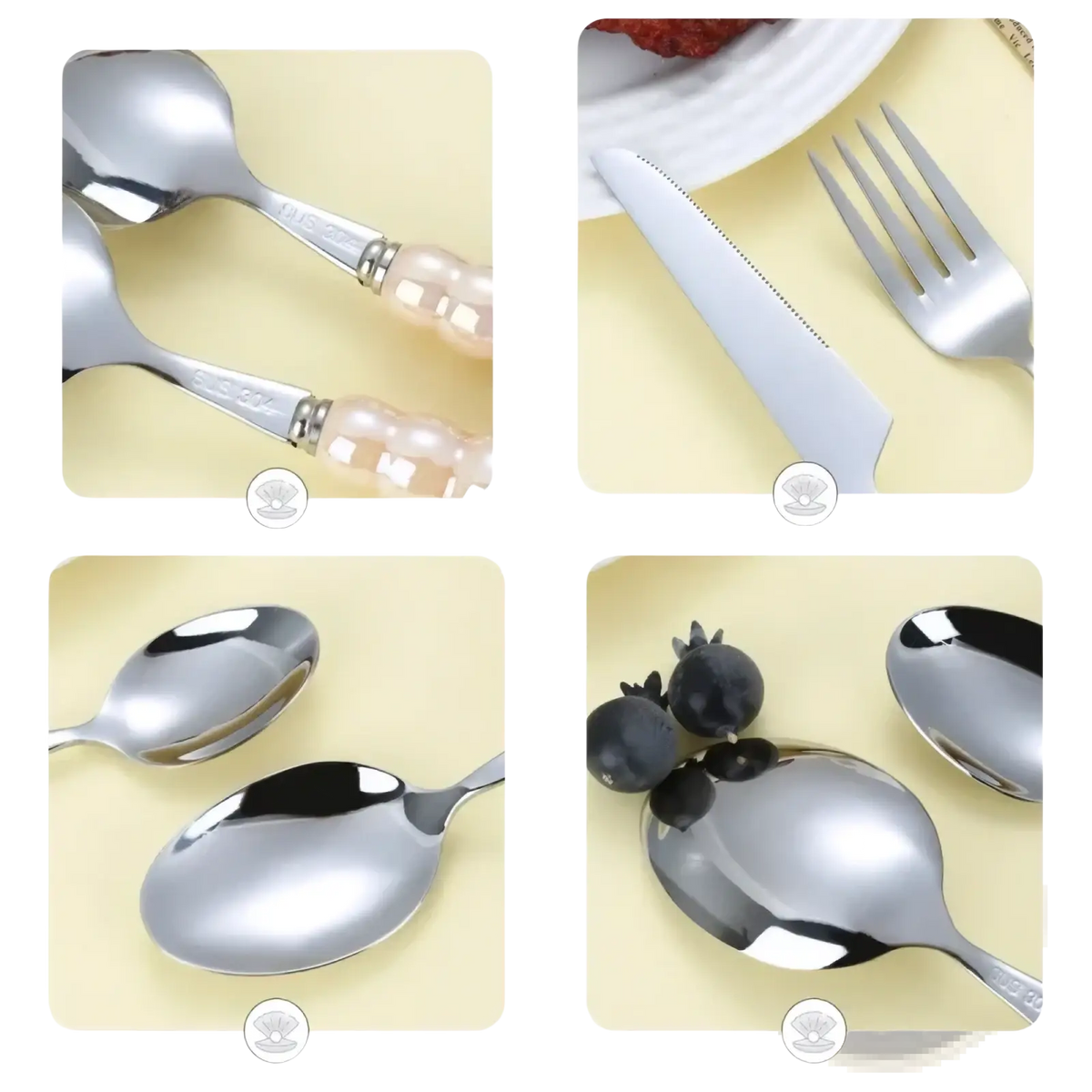 Shiny stainless steel spoons with pearl-like light pink handles from the pearl handle stainless steel flatware set