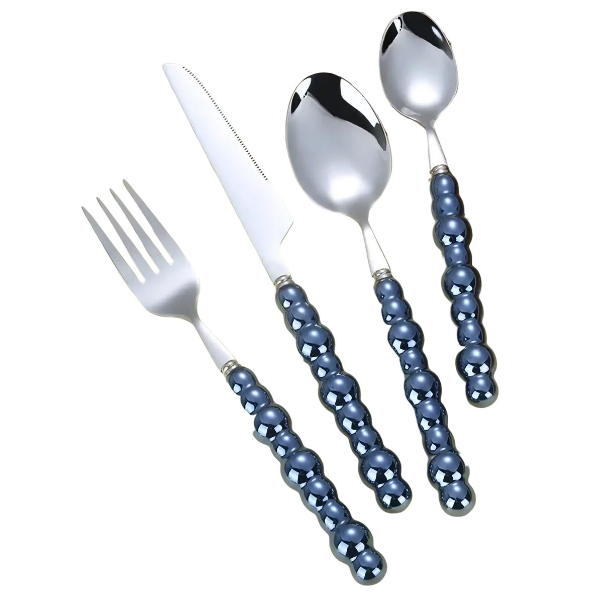 Set of three stainless steel cutlery pieces with navy blue pearl beaded handles from flatware set