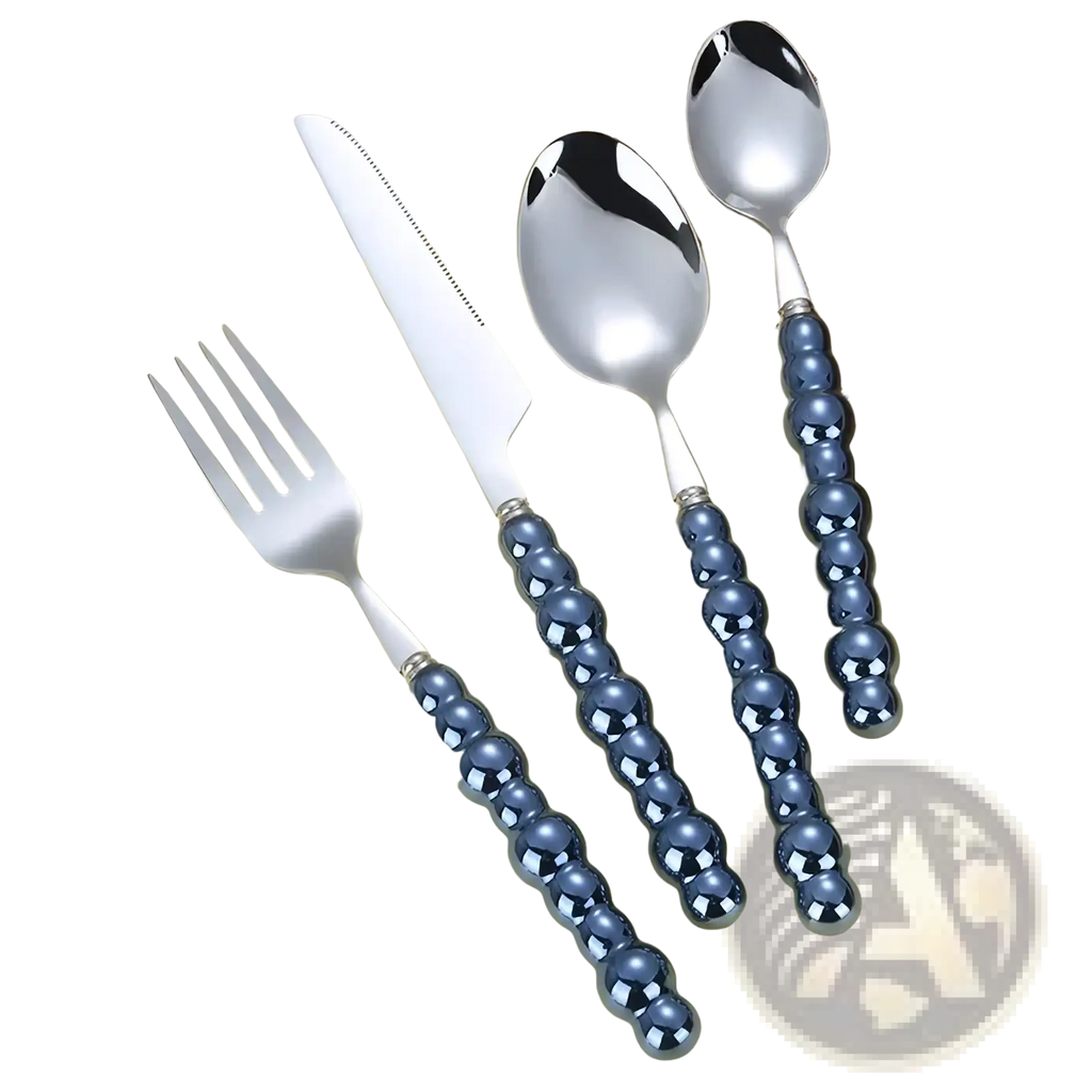 Set of three stainless steel cutlery pieces with navy blue pearl beaded handles from flatware set