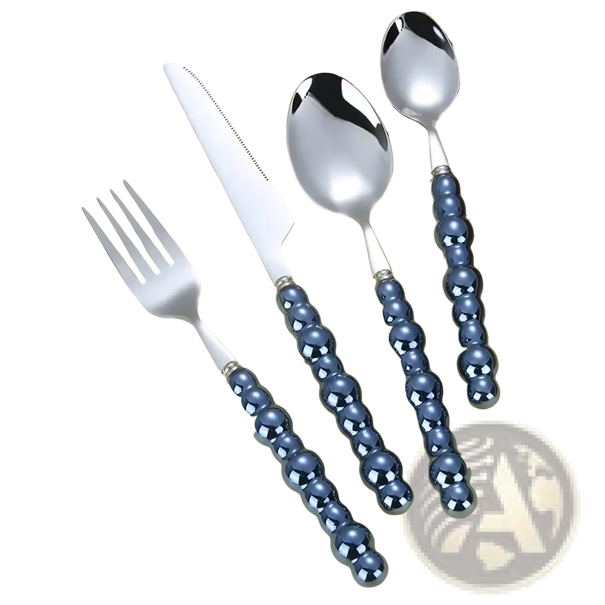 Set of three stainless steel cutlery pieces with navy blue pearl beaded handles from flatware set