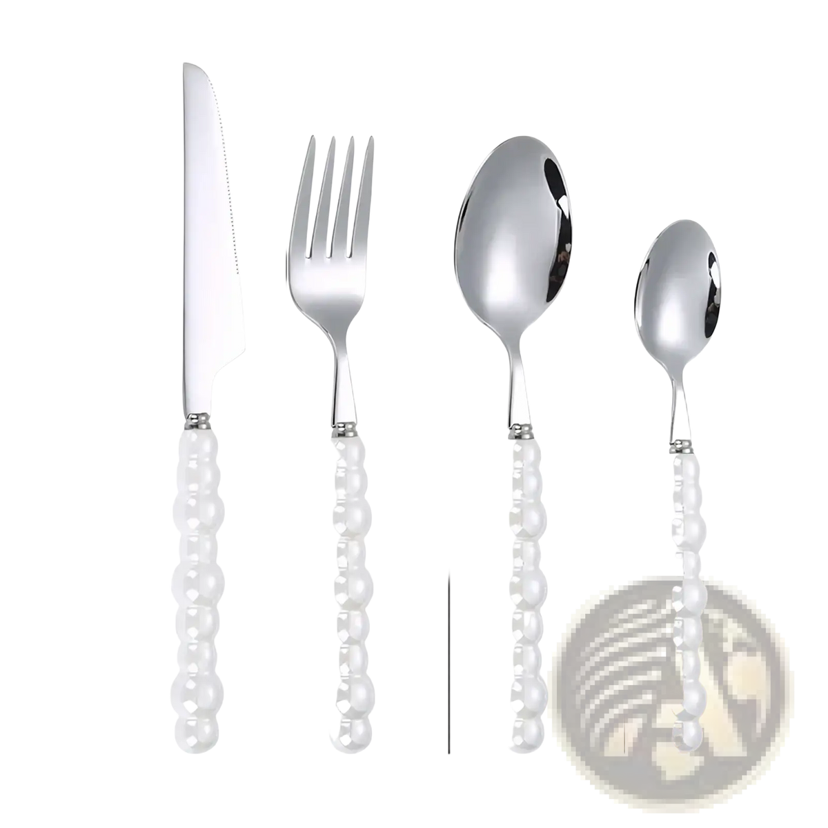 Set of four silver-toned stainless steel flatware pieces with pearl-like white beaded handles for elegant dining