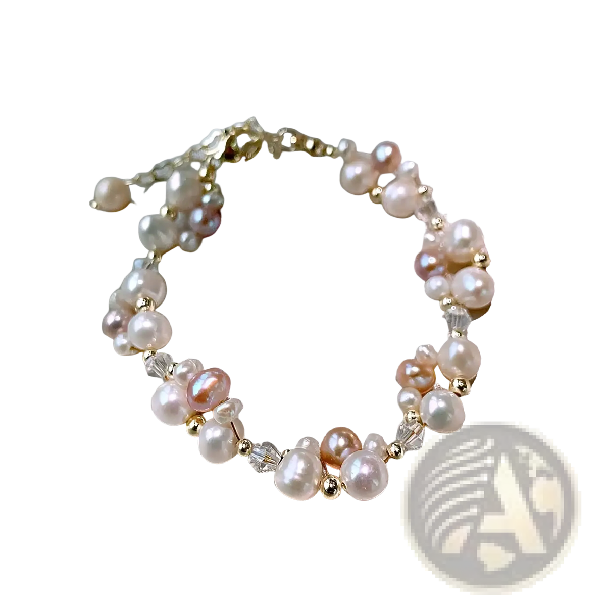 A delicate 14k gold filled pearl jewelry set with cream pink and white freshwater pearls and clear crystal beads