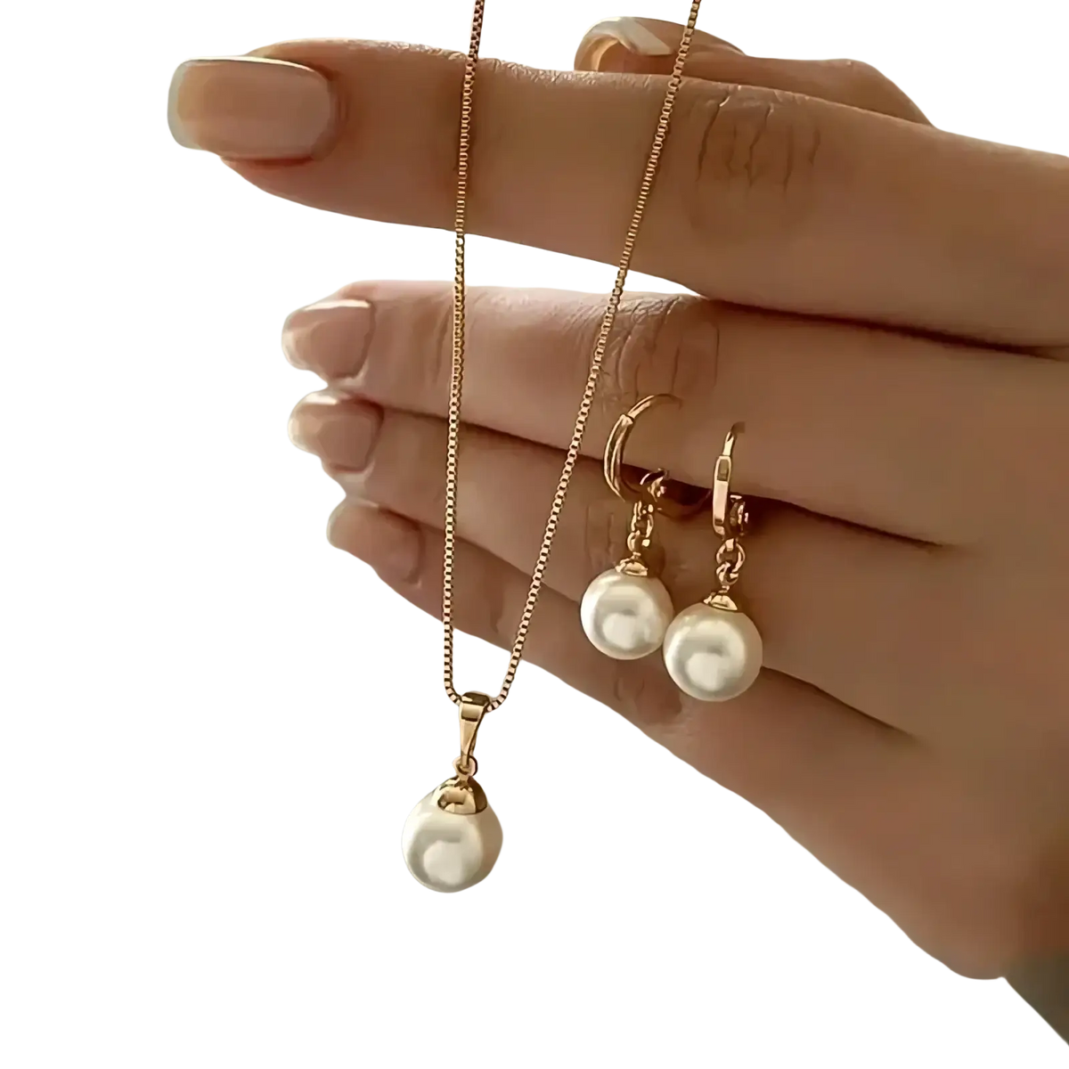 A delicate rose gold pearl jewelry set featuring a freshwater pearl necklace and matching hoop earrings