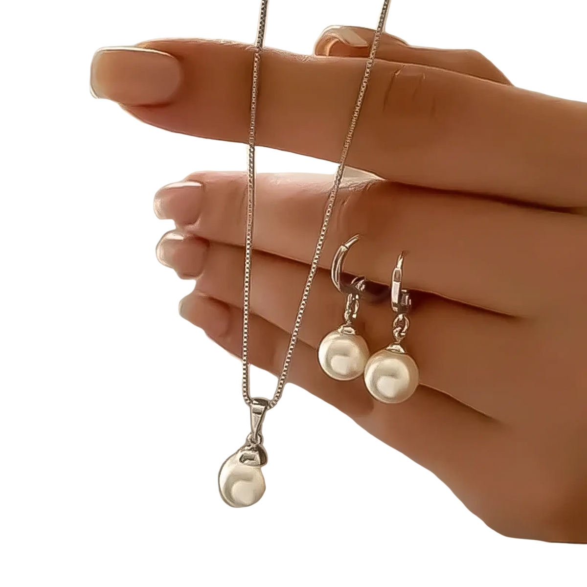 Pearl jewelry set gold necklace and earrings featuring a delicate silver chain with lustrous white pearl pendants