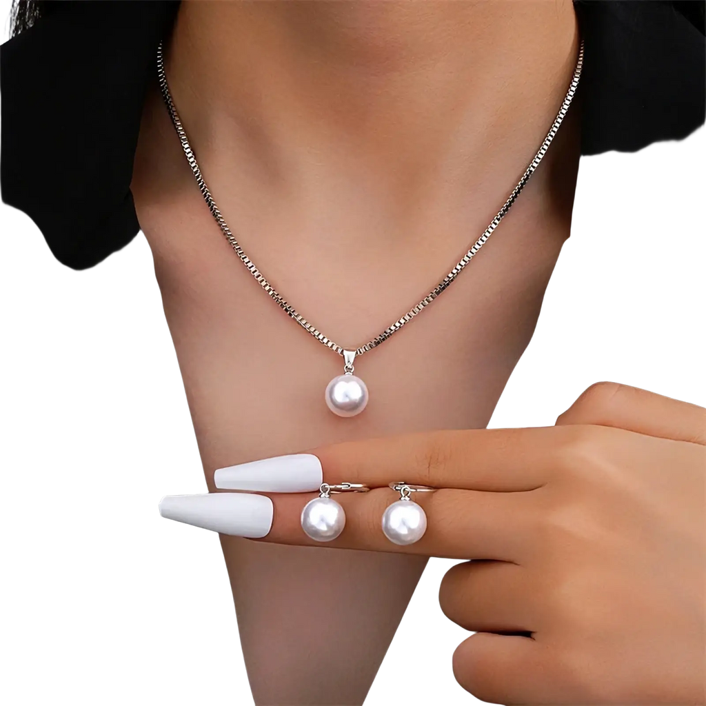 Pearl jewelry set gold necklace and earrings with a delicate silver chain and single round white pearl pendants