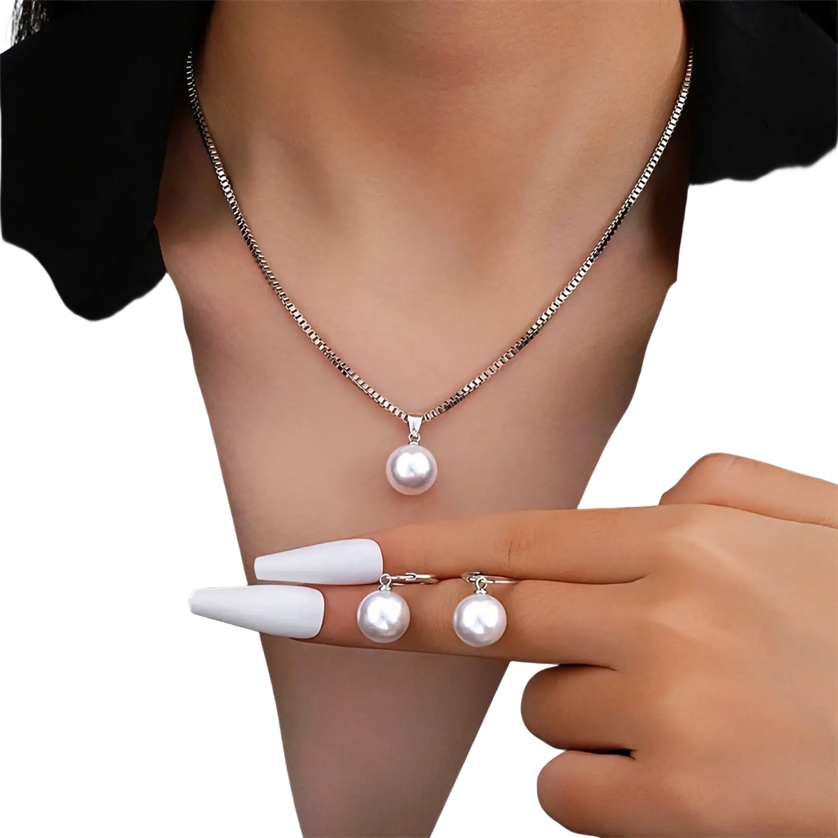 Pearl jewelry set gold necklace and earrings with a delicate silver chain and single round white pearl pendants