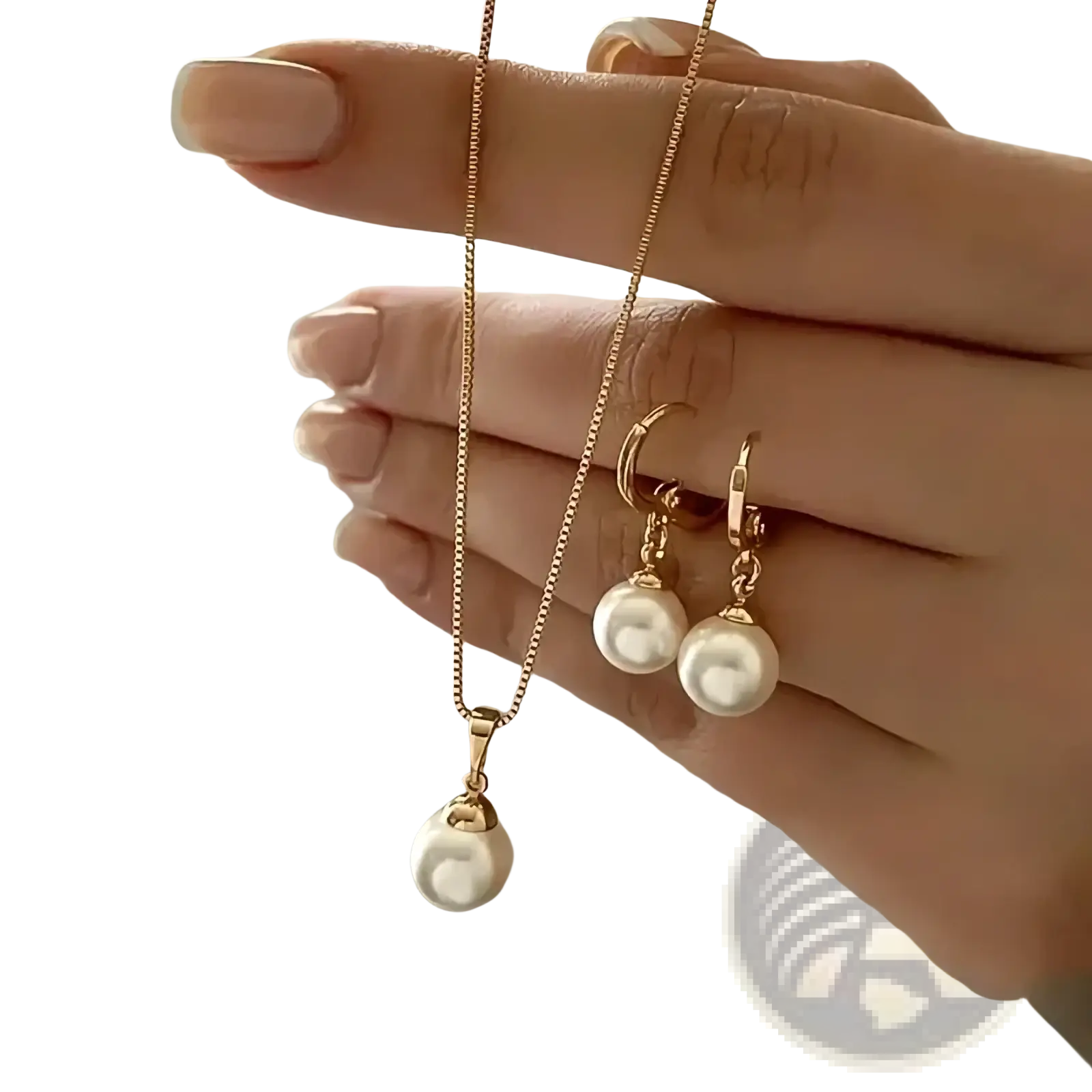 A delicate rose gold pearl jewelry set featuring a freshwater pearl necklace and matching hoop earrings