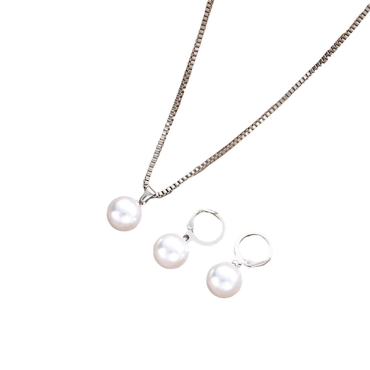 Silver-toned necklace and matching hoop earrings each featuring a single round white pearl in a pearl jewelry set