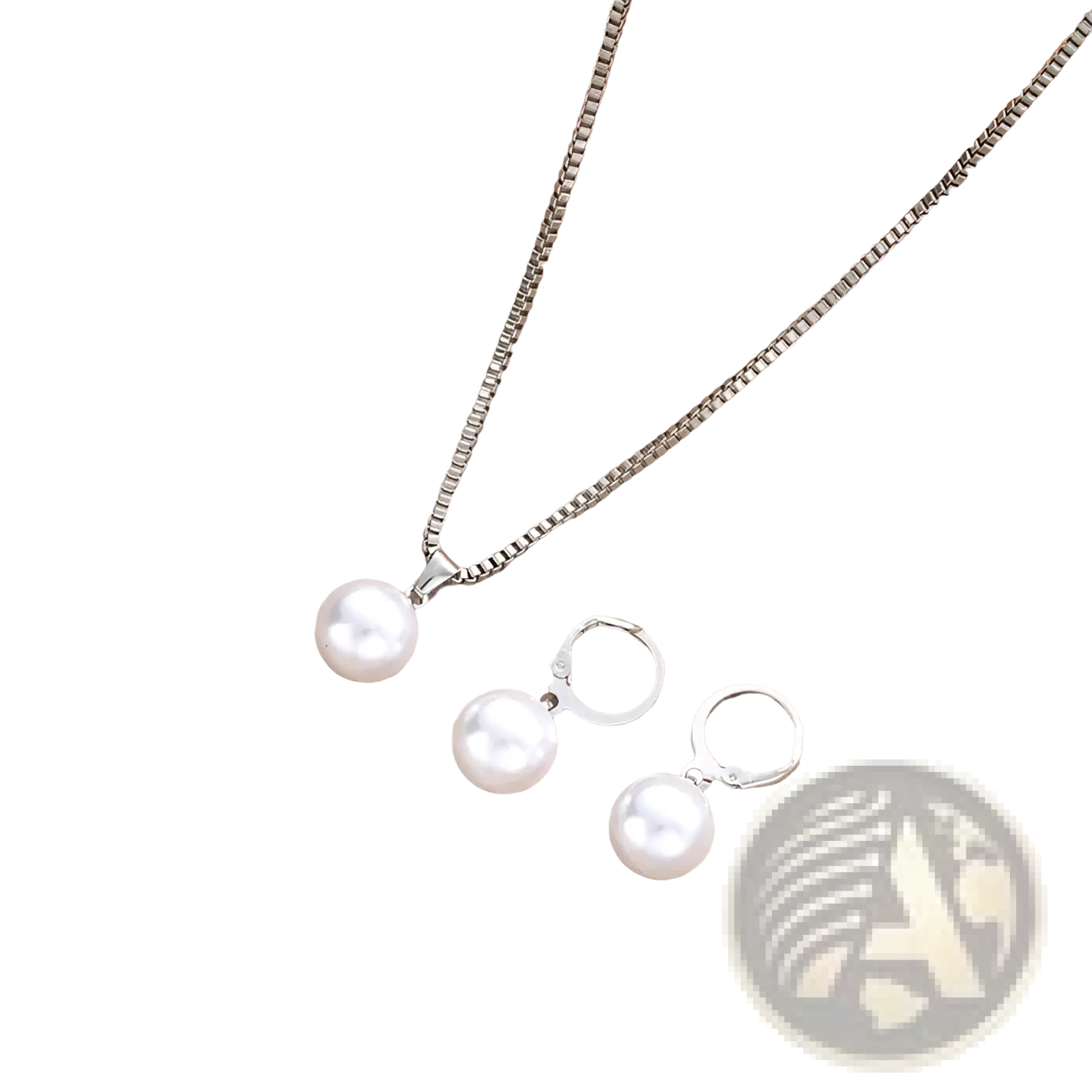 Silver-toned necklace and matching hoop earrings each featuring a single round white pearl in a pearl jewelry set
