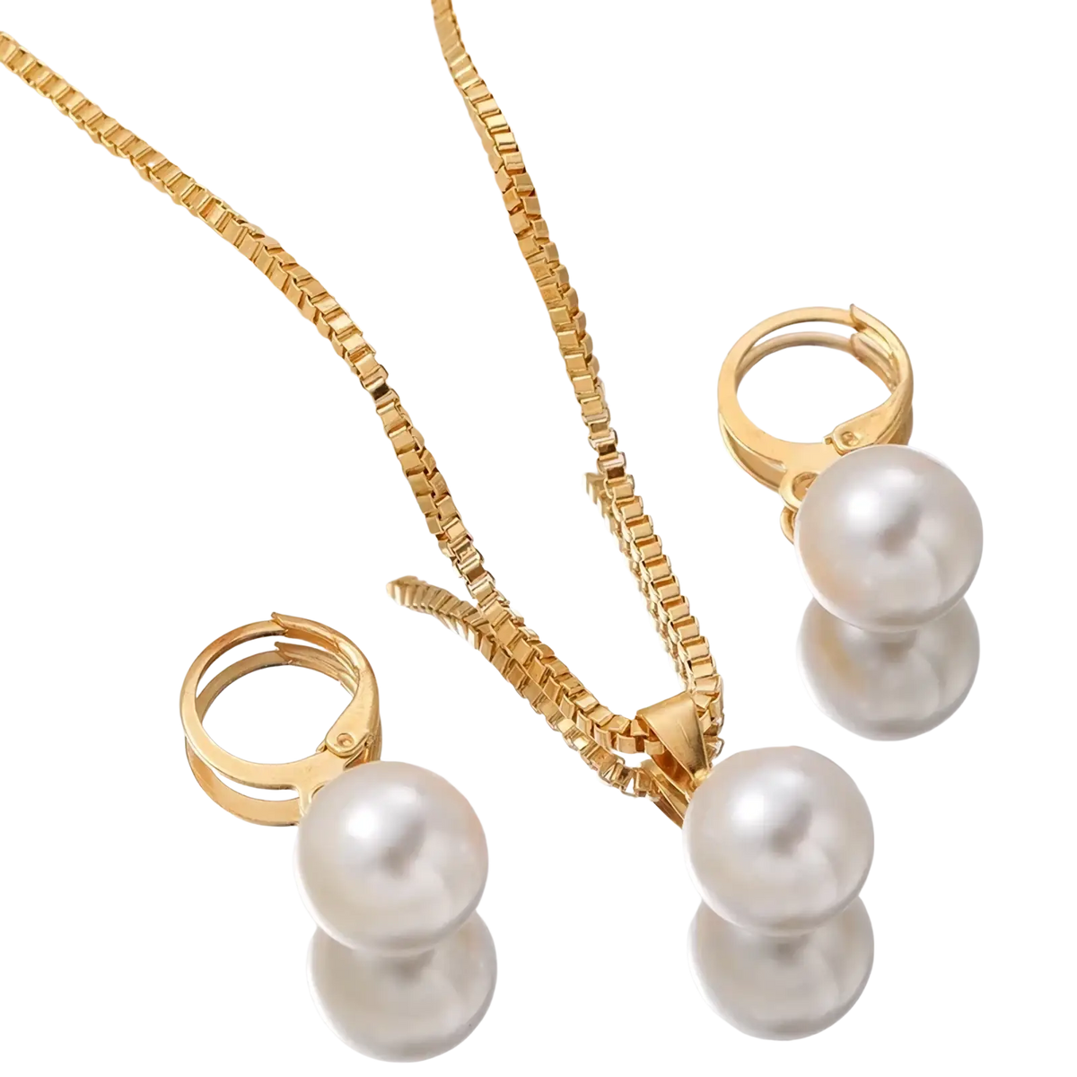 Pearl jewelry set with gold-toned box chain necklace featuring single pearl pendant and matching gold hoop earrings with pearls
