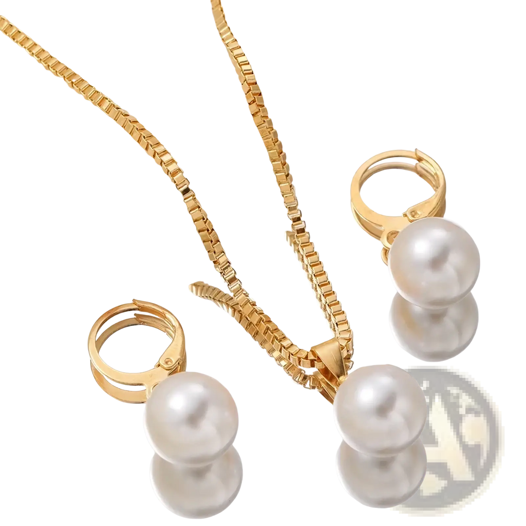 Pearl jewelry set with gold-toned box chain necklace featuring single pearl pendant and matching gold hoop earrings with pearls