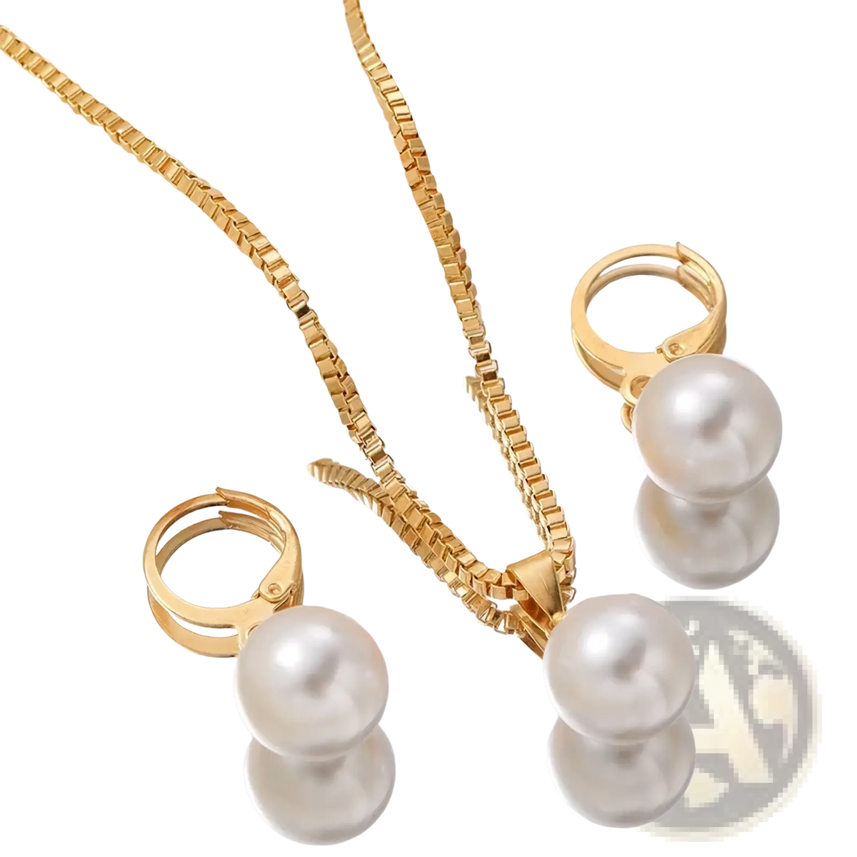 Pearl jewelry set with gold-toned box chain necklace featuring single pearl pendant and matching gold hoop earrings with pearls