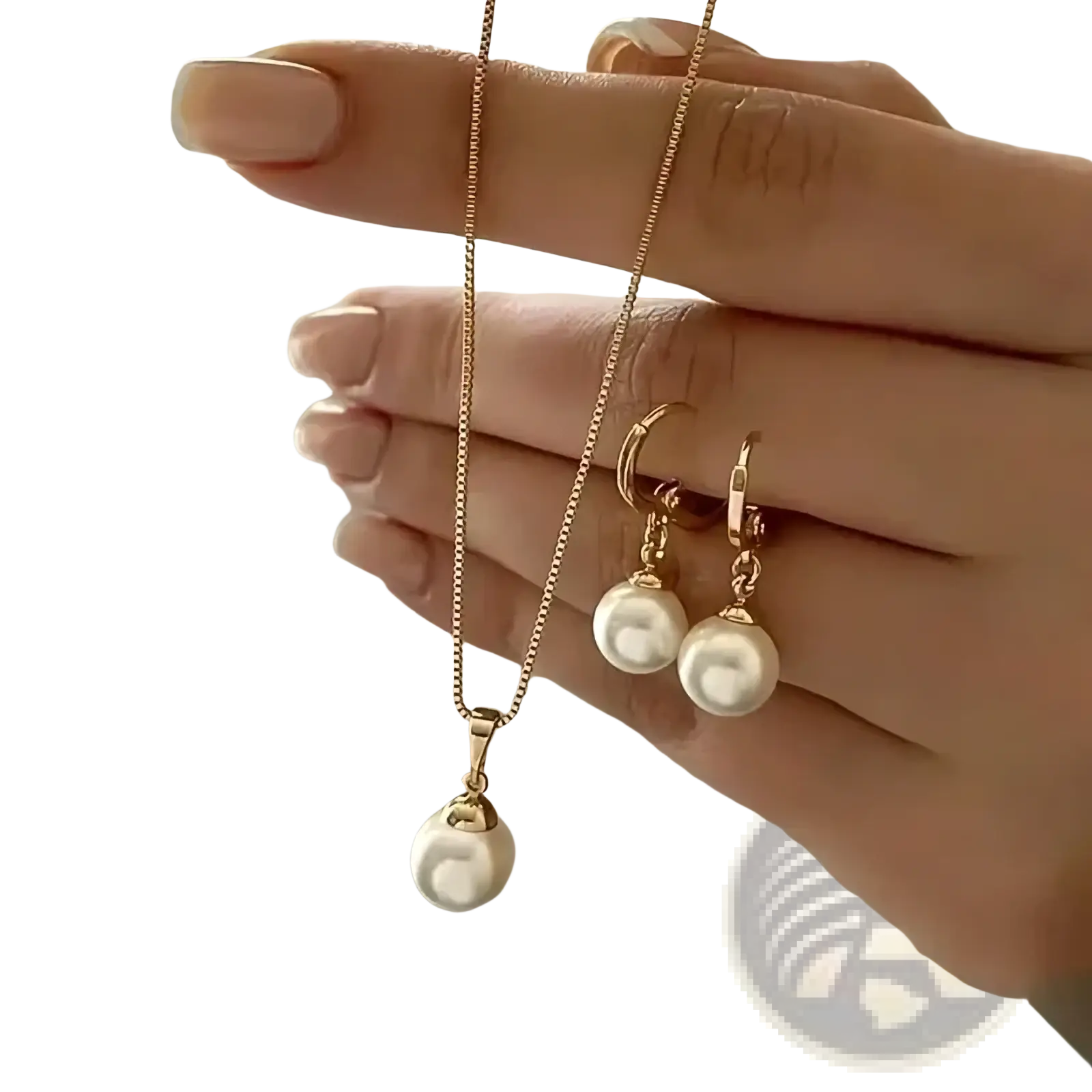 Pearl jewelry set featuring a rose gold pendant necklace and hoop earrings with white pearl drops