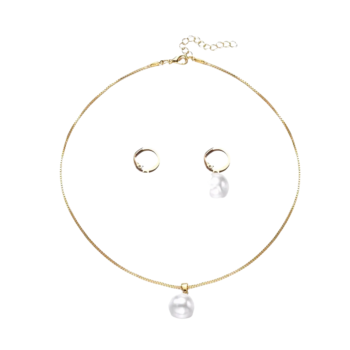 Gold chain necklace with single white pearl pendant and matching gold hoop earrings pearl jewelry set