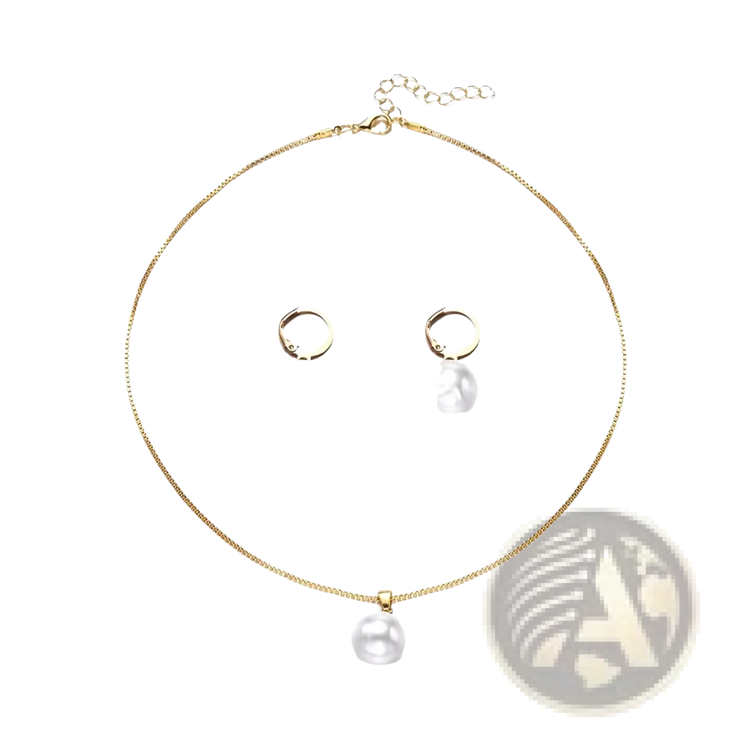 Gold chain necklace with single white pearl pendant and matching gold hoop earrings pearl jewelry set