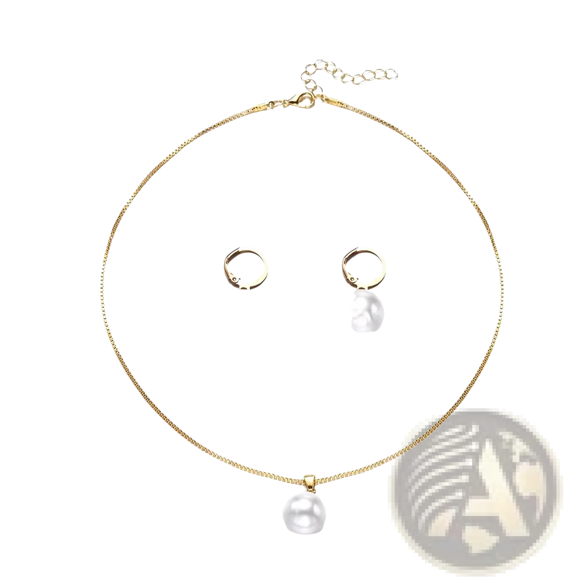 Gold chain necklace with single white pearl pendant and matching gold hoop earrings pearl jewelry set