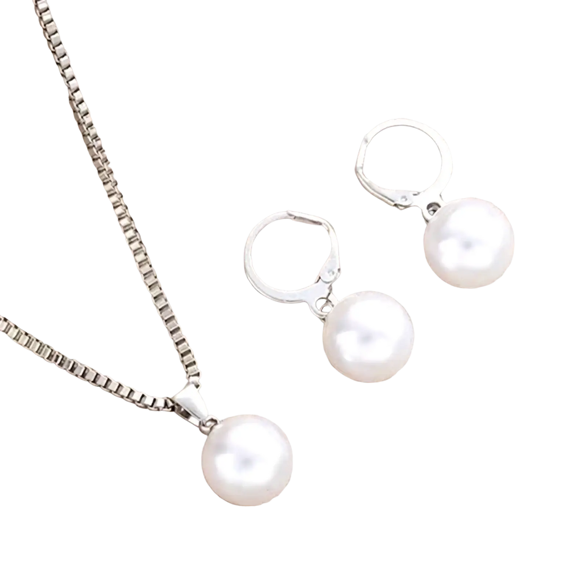 Silver-toned pearl jewelry set with round white pearls on box chain necklace and matching lever-back earrings