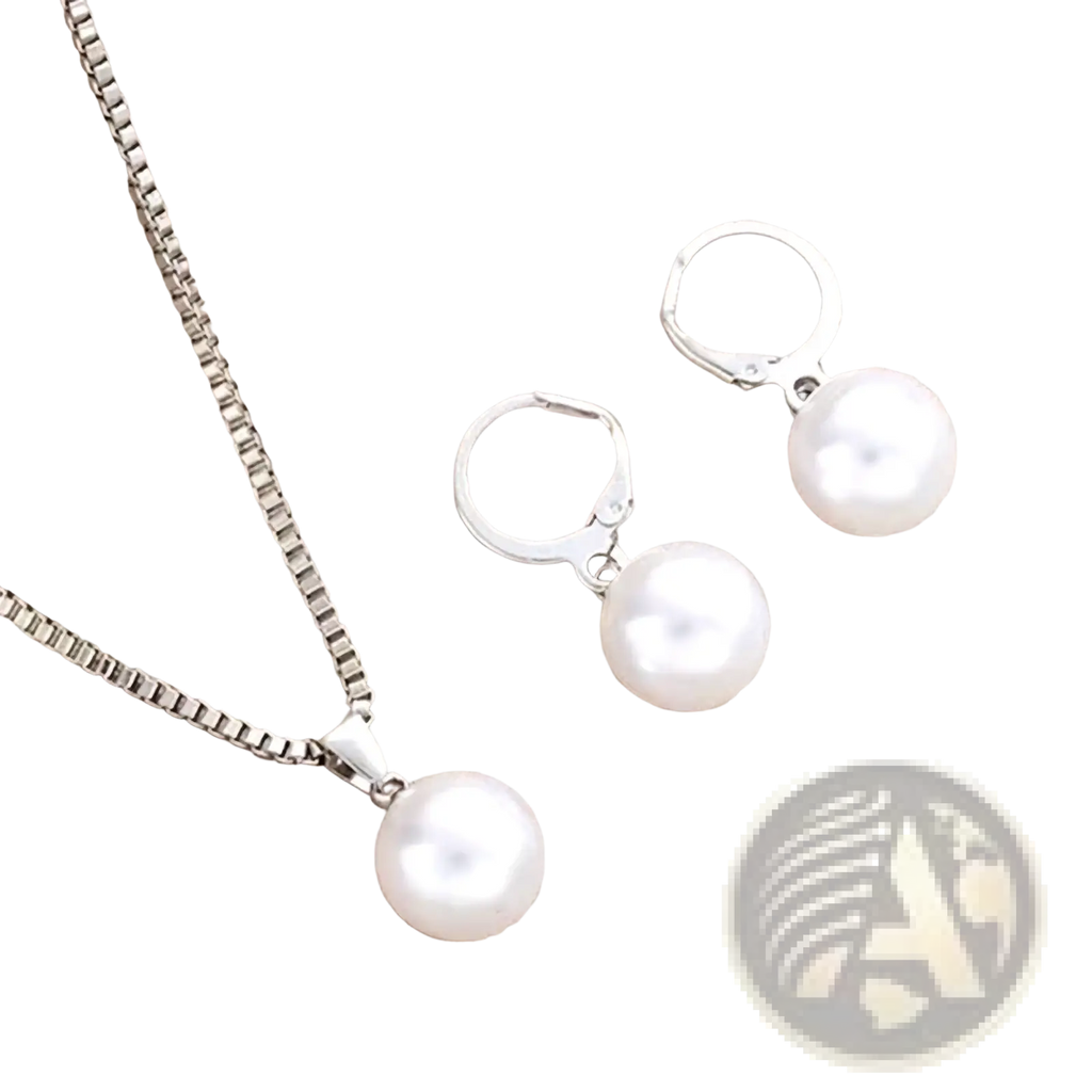 Silver-toned pearl jewelry set with round white pearls on box chain necklace and matching lever-back earrings