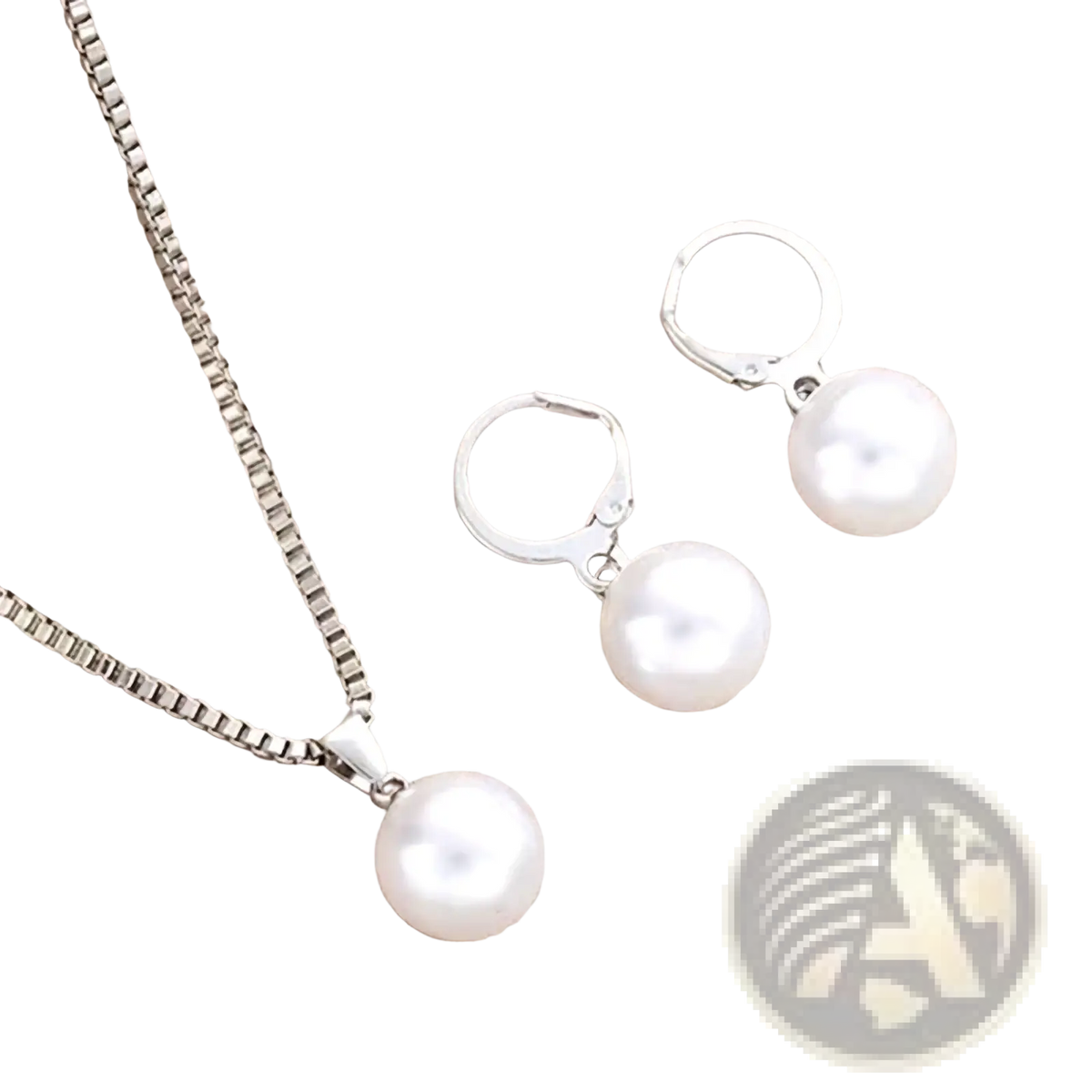 Silver-toned pearl jewelry set with round white pearls on box chain necklace and matching lever-back earrings