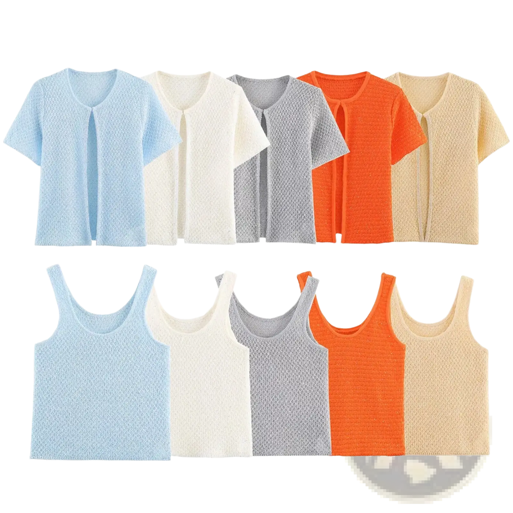 A collection of pastel and vibrant short-sleeved knit cardigans in light blue cream gray orange and beige from Pearl Knit Tank Top Set