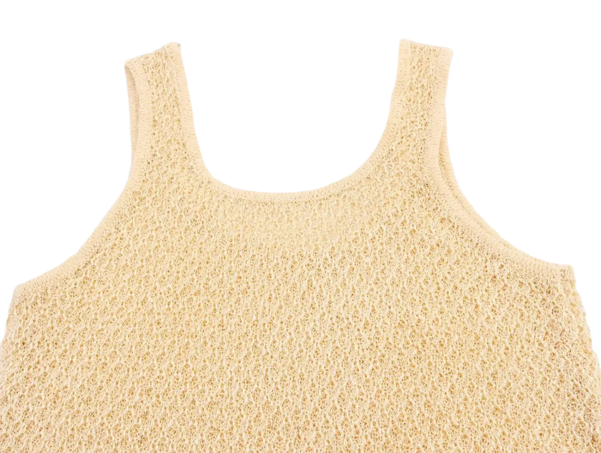 A light beige knitted tank top with a delicate openwork pattern and wide shoulder straps from pearl knit tank top set