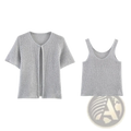Light gray short-sleeved knit cardigan and matching tank top set with delicate mesh texture in pearl knit tank top set