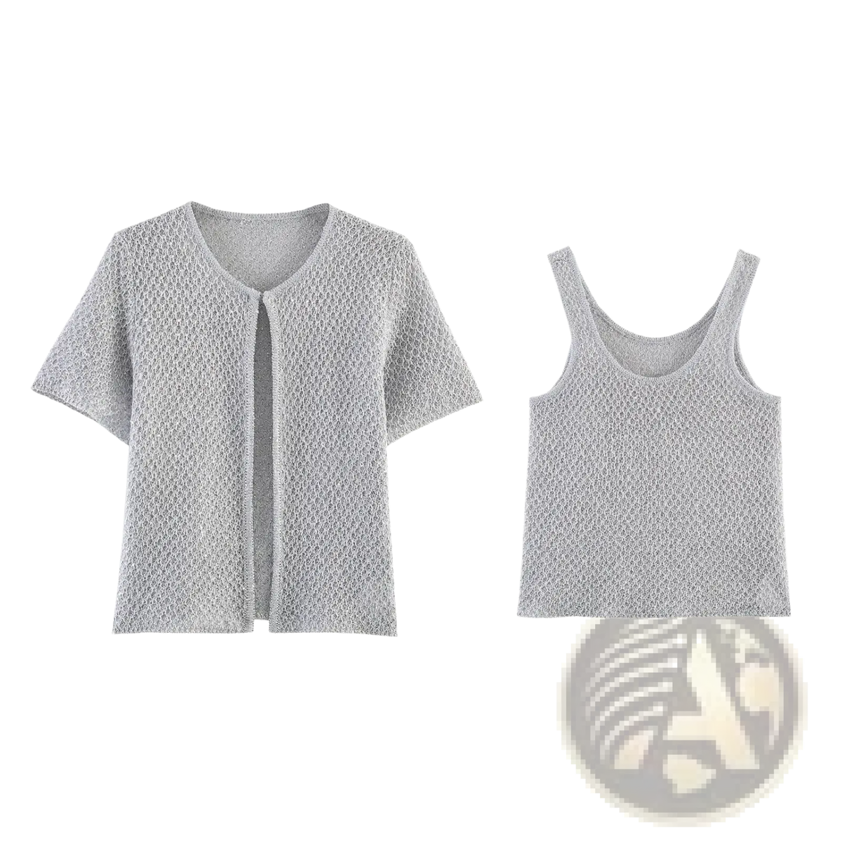 Light gray short-sleeved knit cardigan and matching tank top set with delicate mesh texture in pearl knit tank top set