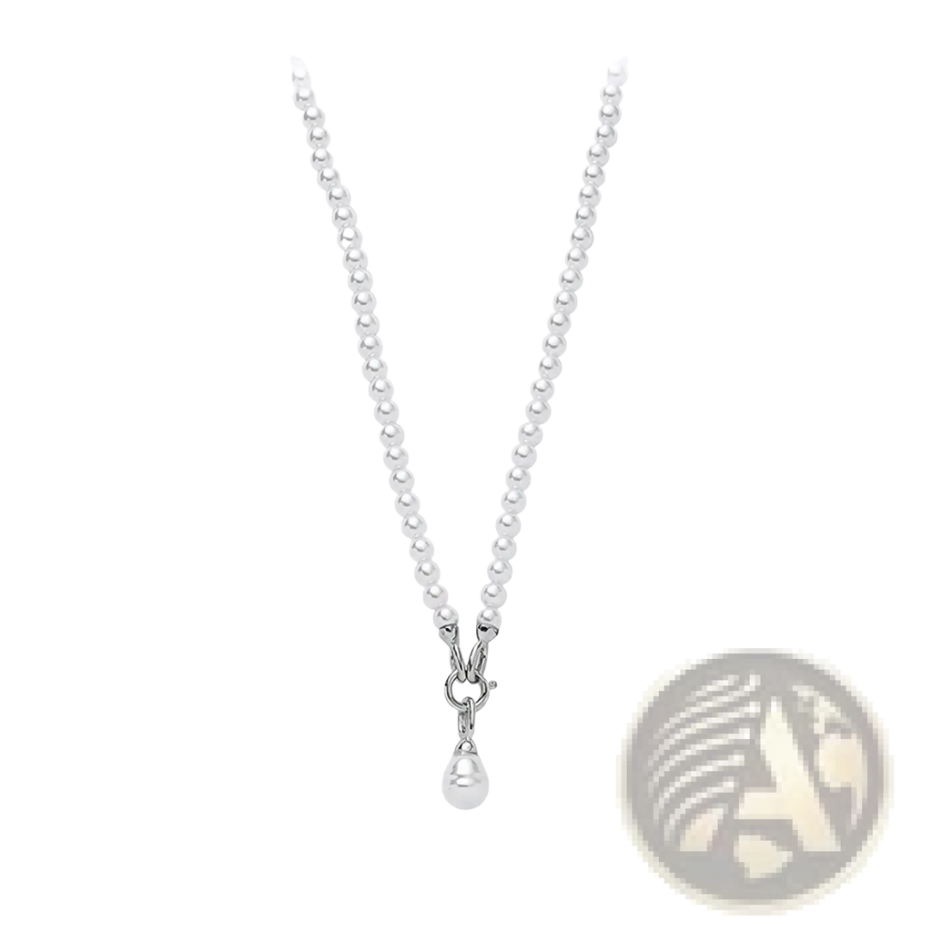 Silver beaded necklace with teardrop-shaped pearl pendant on silver chain jewelry for elegant wear