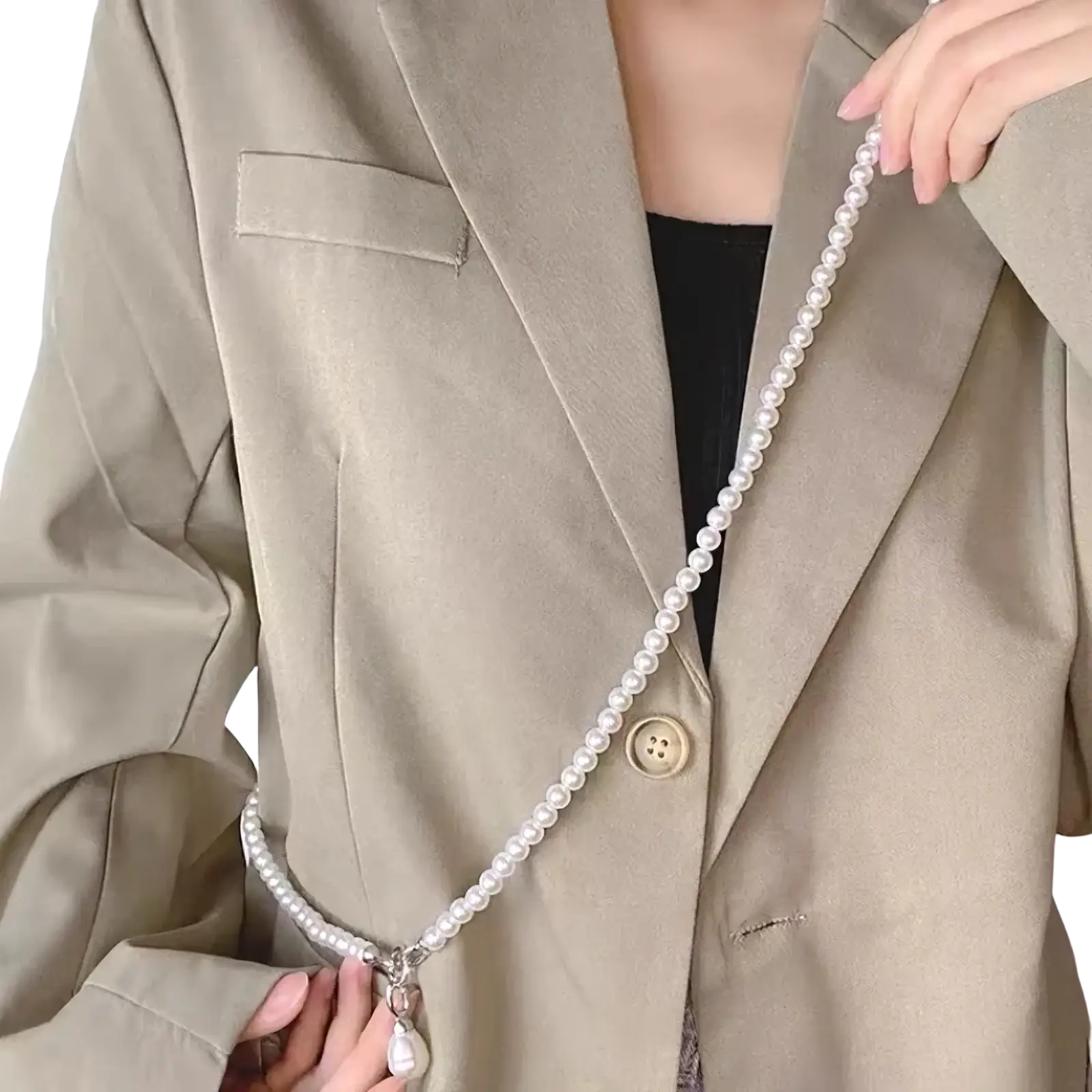 A delicate silver pearl pendant long necklace with a fine chain strap worn across the body