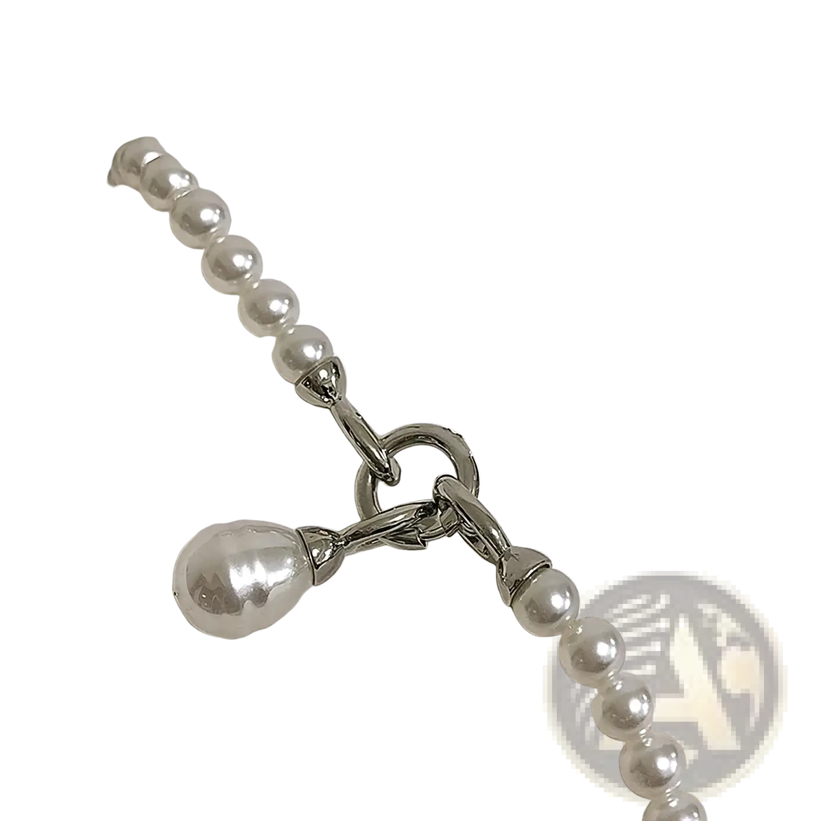 A delicate silver-toned pearl pendant long necklace with uniform white pearls and a teardrop-shaped pearl pendant