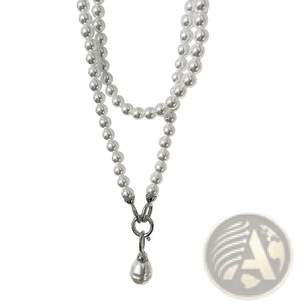A double-strand silver chain pearl pendant long necklace with round pearls and a teardrop pendant clasped intricately
