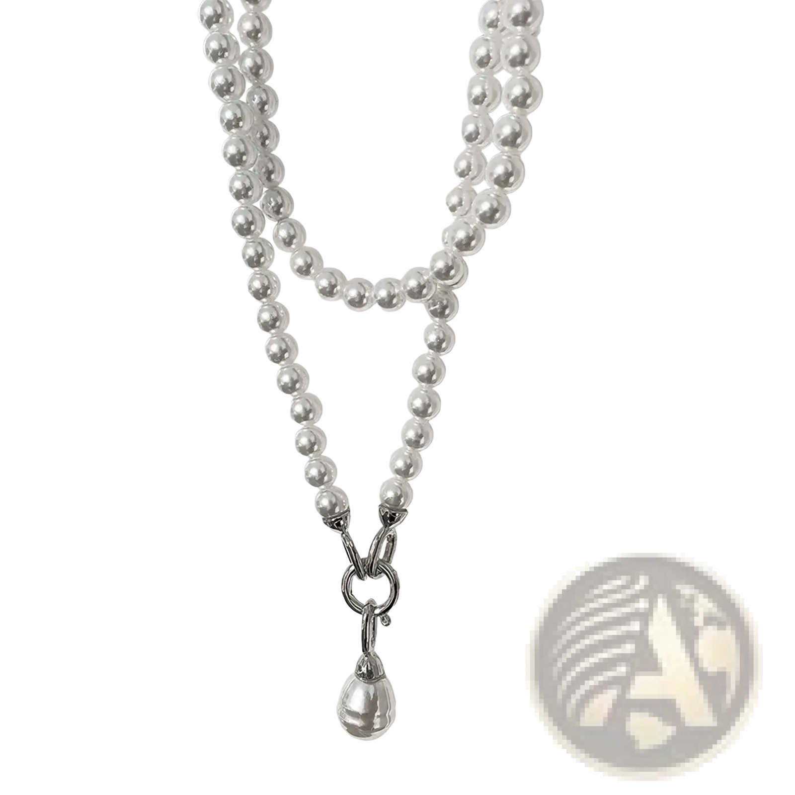 A double-strand silver chain pearl pendant long necklace with round pearls and a teardrop pendant clasped intricately