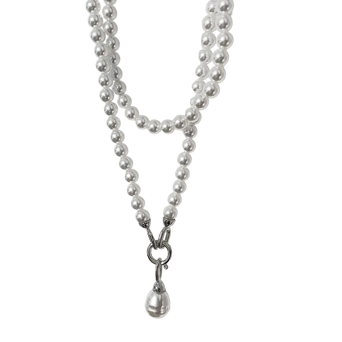 A double-strand silver chain pearl pendant long necklace with round pearls and a teardrop pendant clasped intricately