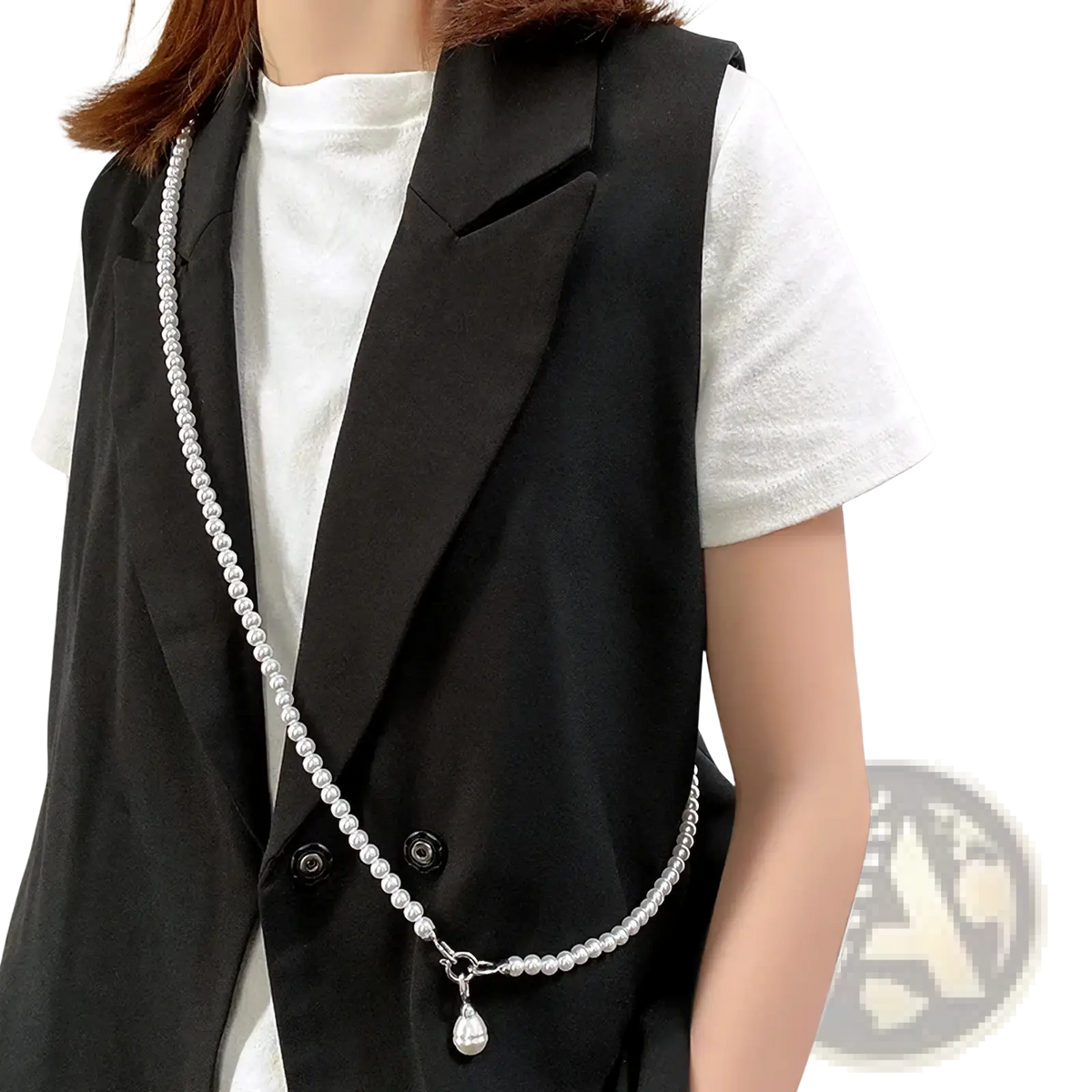 Silver pearl pendant long necklace for women with delicate teardrop chain worn crossbody over black vest