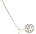 Pearl pendant long necklace with silver beaded chain and teardrop pendant worn over black blazer for women