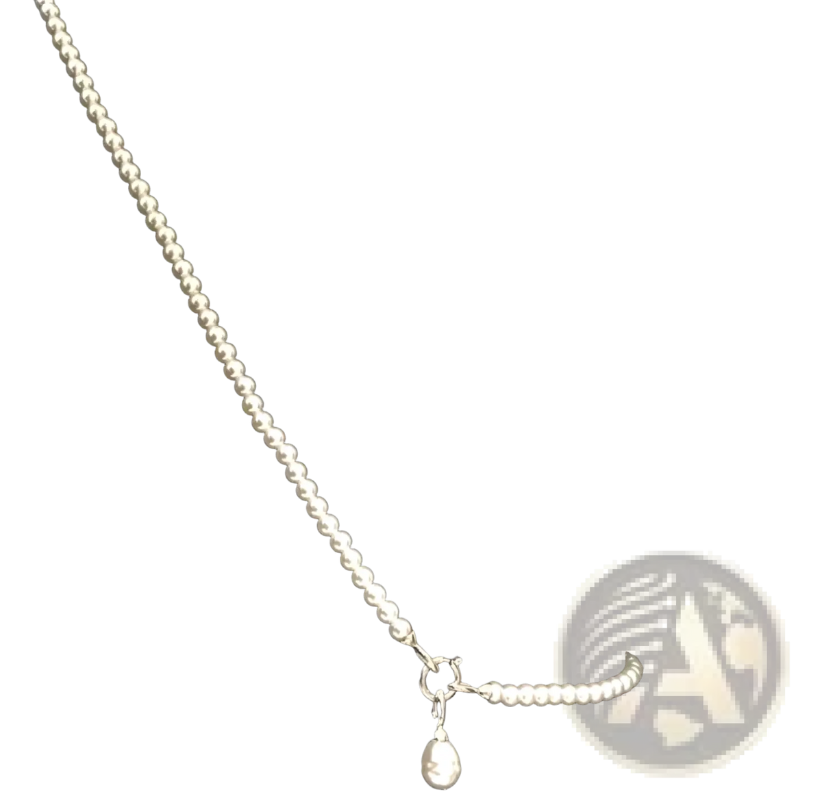 Pearl pendant long necklace with silver beaded chain and teardrop pendant worn over black blazer for women