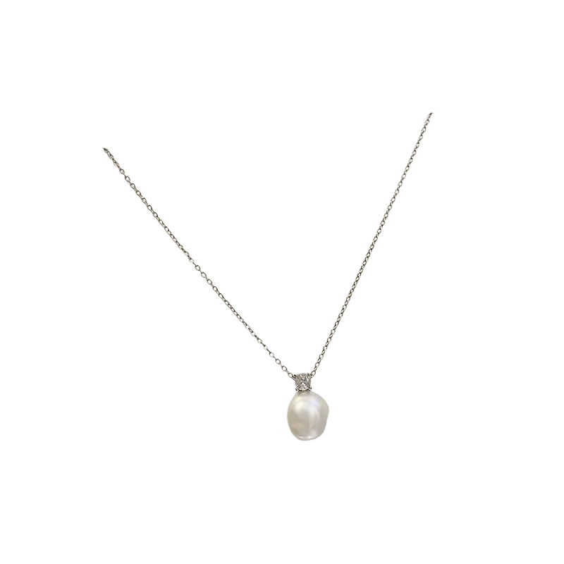 A silver clavicle chain pearl pendant necklace with a single white pearl and small diamond accent at its top