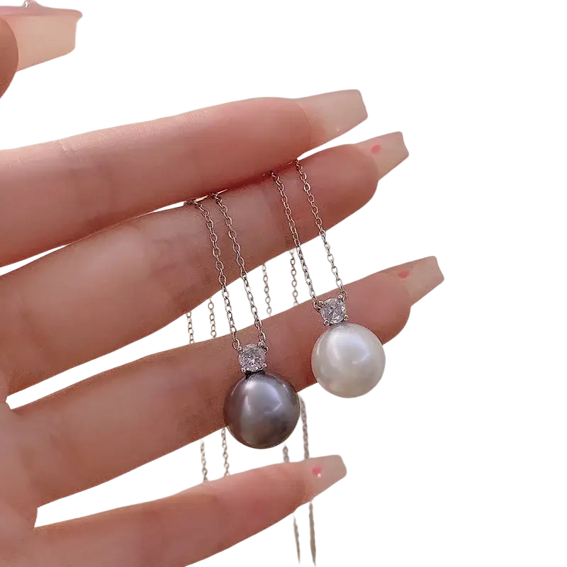 Pearl pendant necklace silver clavicle chain with dark gray and white freshwater cultured pearls on silver chains with diamond accents