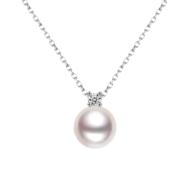 A delicate silver chain with a white pearl pendant and diamond accent in a pearl pendant necklace silver diamond accent