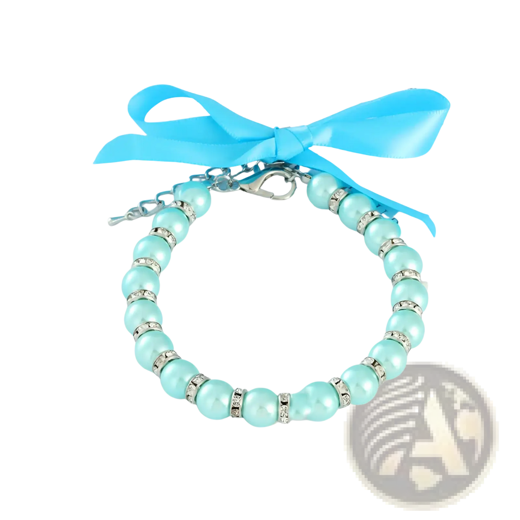 Pearl pet collar pastel ribbon necklace featuring a delicate turquoise pearl bracelet with silver rhinestones and blue satin bow