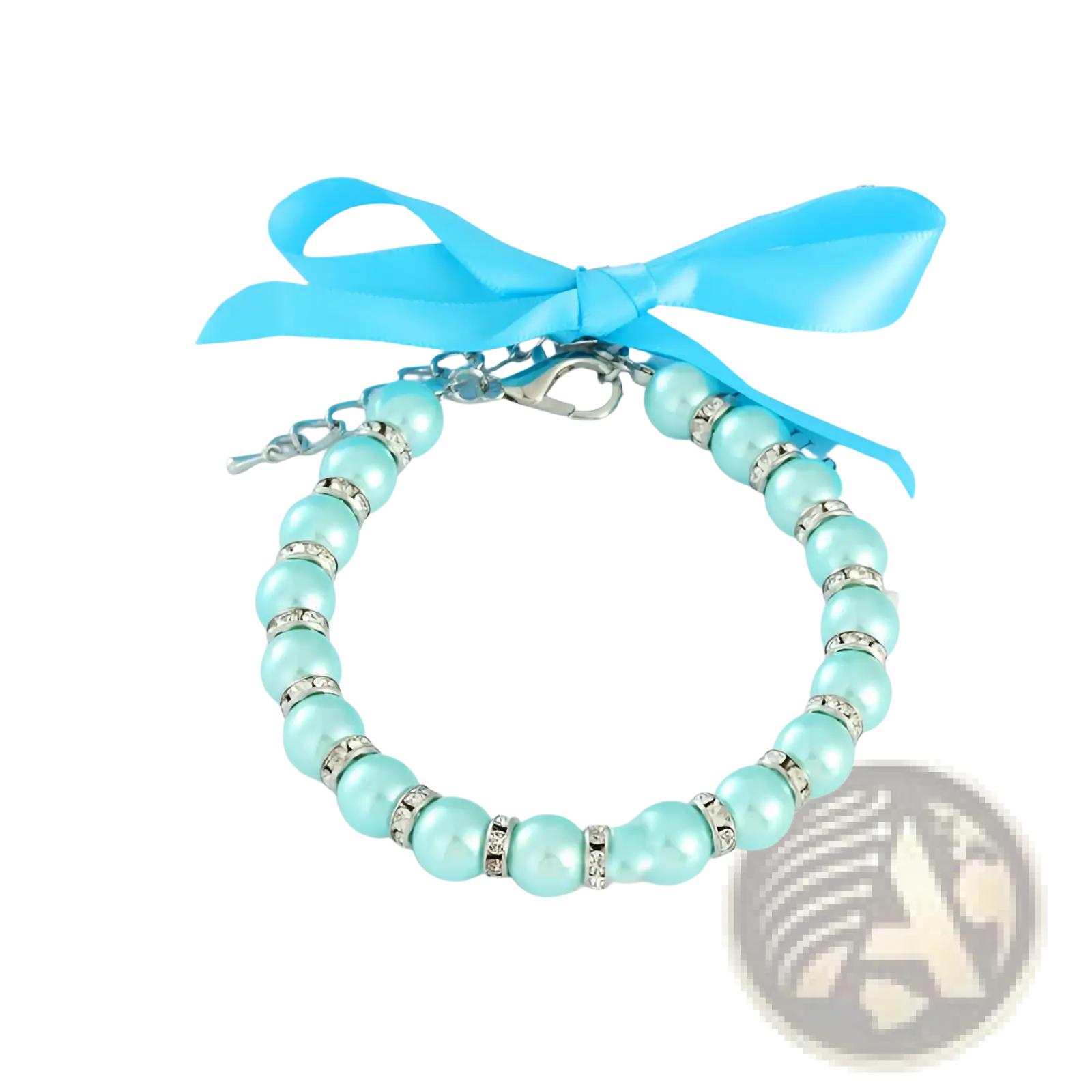 Pearl pet collar pastel ribbon necklace featuring a delicate turquoise pearl bracelet with silver rhinestones and blue satin bow