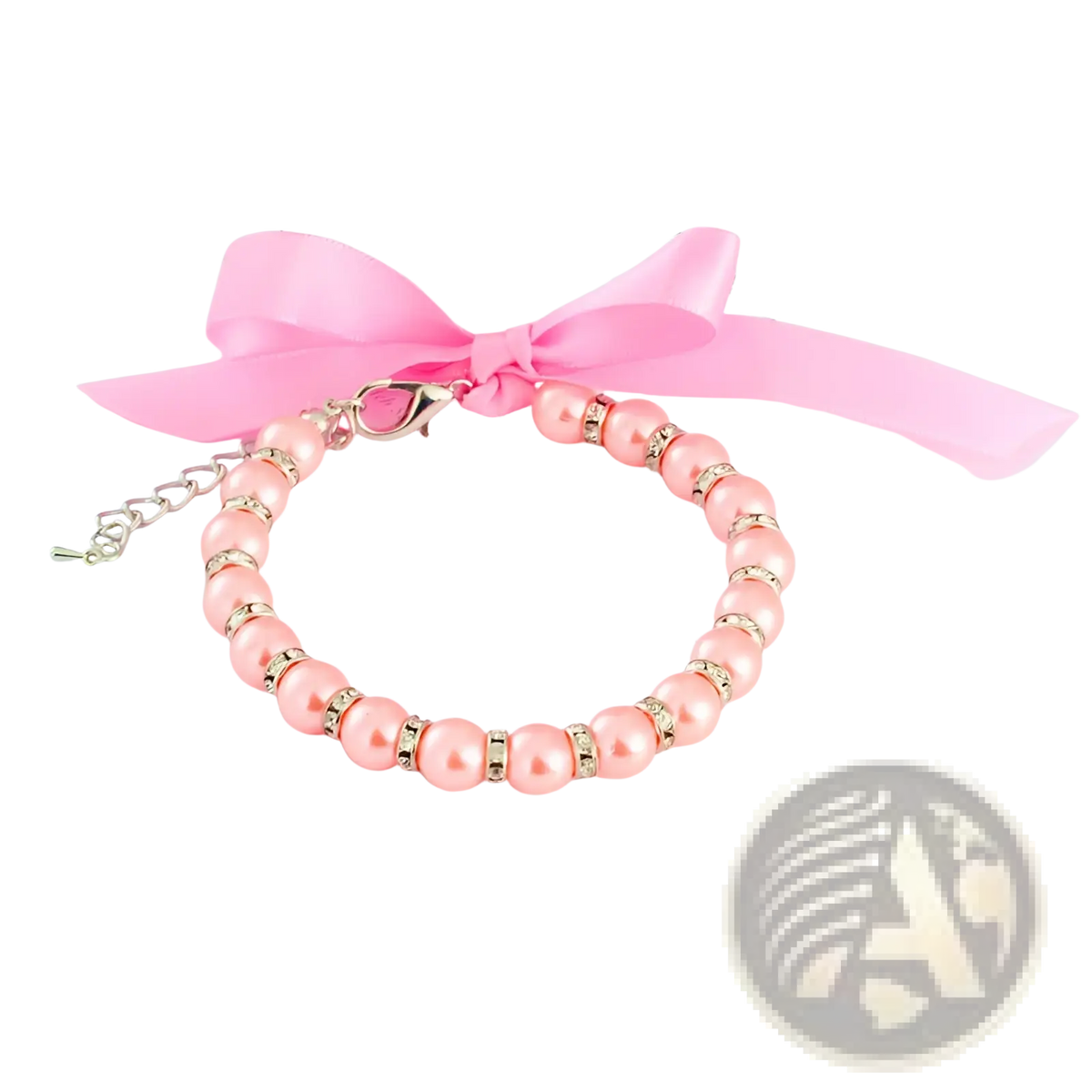 A delicate pink pearl pet collar bracelet with gold-toned metal accents and matching pink satin bow