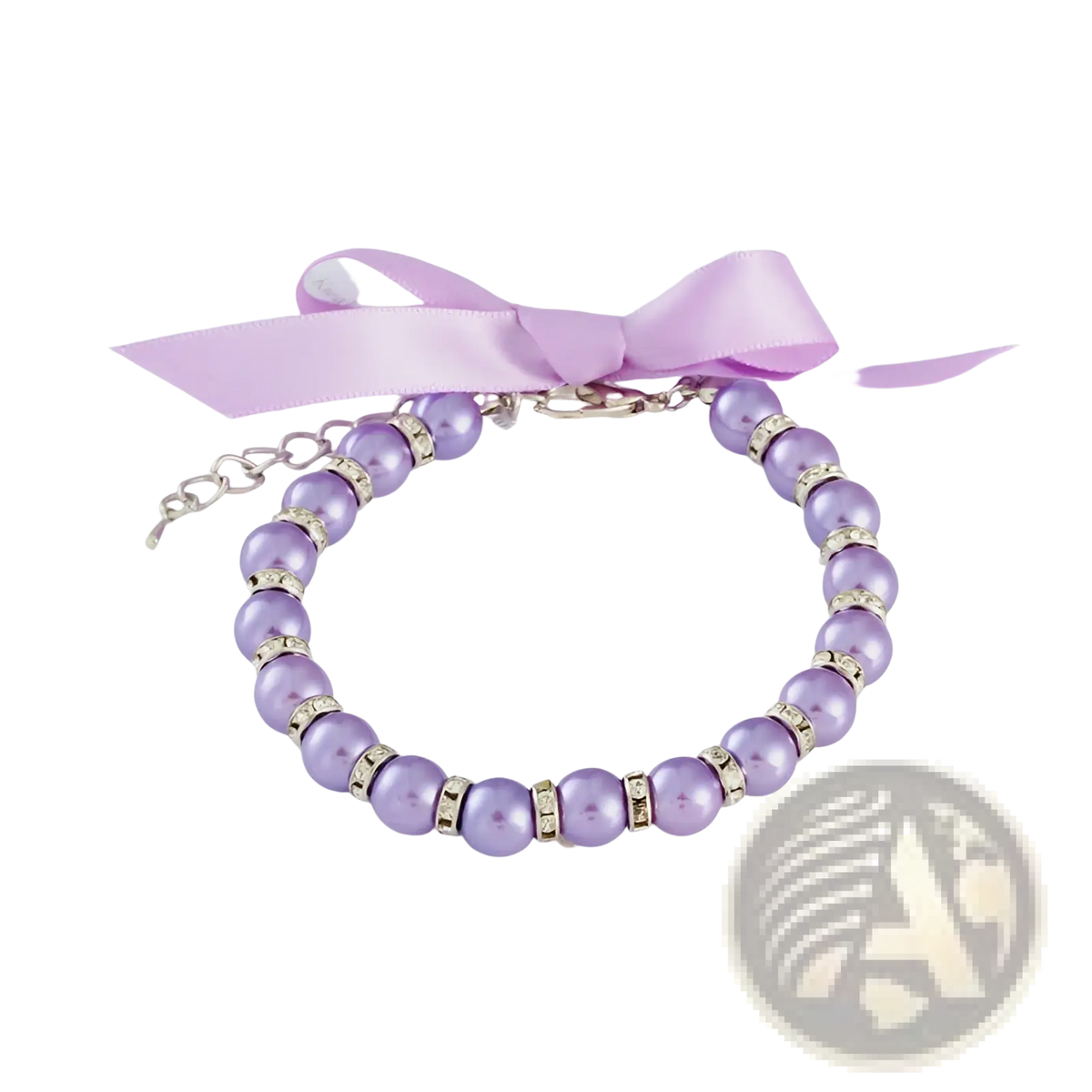 Delicate pearl pet collar necklace with lavender pearls silver-toned rhinestones and matching pastel satin ribbon bow